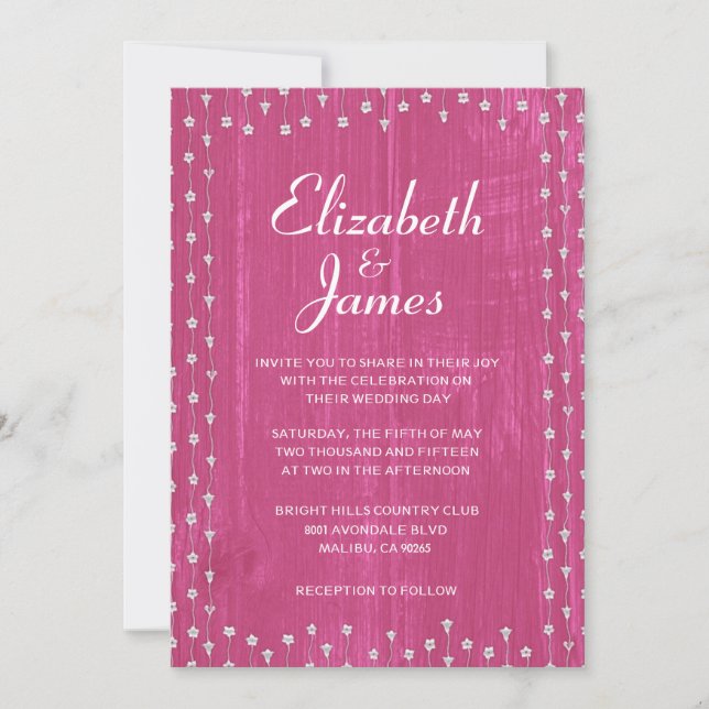 Fuchsia Rustic Barn Wood Wedding Invitations (Front)