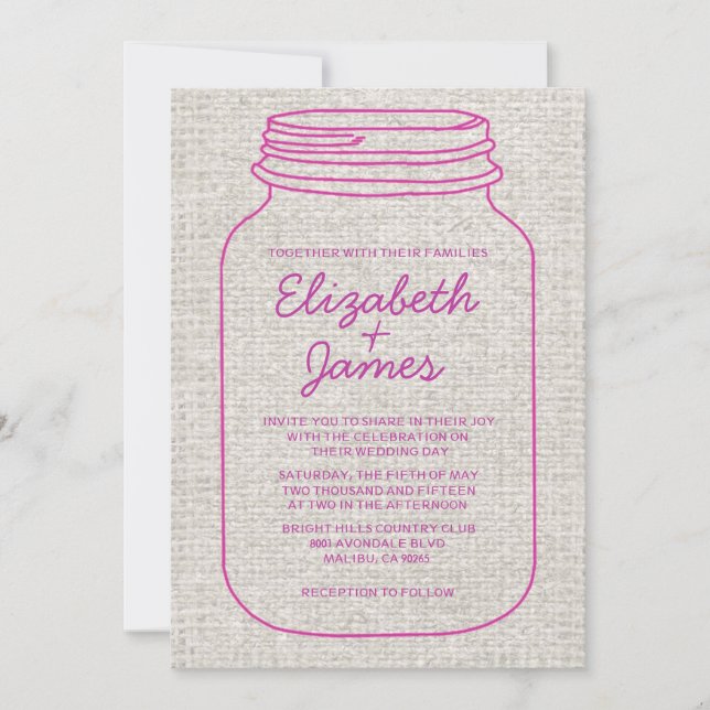 Fuchsia Rustic Burlap Mason Jar Wedding Invitation (Front)