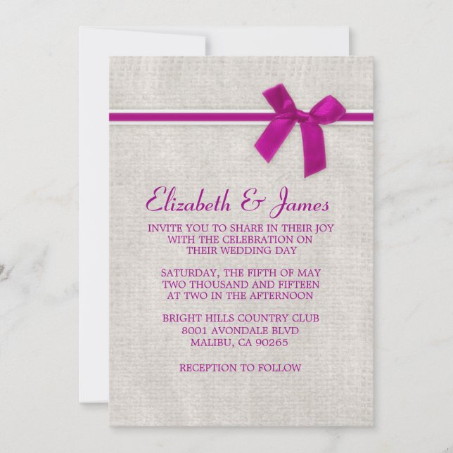 Fuchsia Rustic Burlap Wedding Invitations (Front)