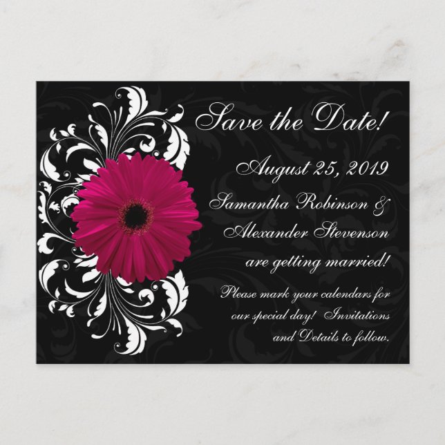 Fuchsia Scroll Gerbera Daisy Black Save the Date Announcement Postcard (Front)