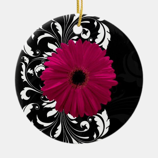 Fuchsia Scroll Gerbera Daisy w/Black and White Ceramic Tree Decoration (Front)