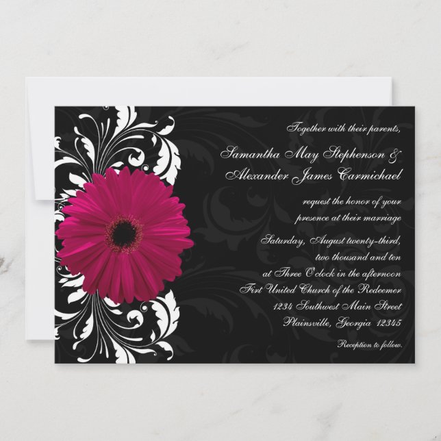 Fuchsia Scroll Gerbera Daisy w/Black and White Invitation (Front)