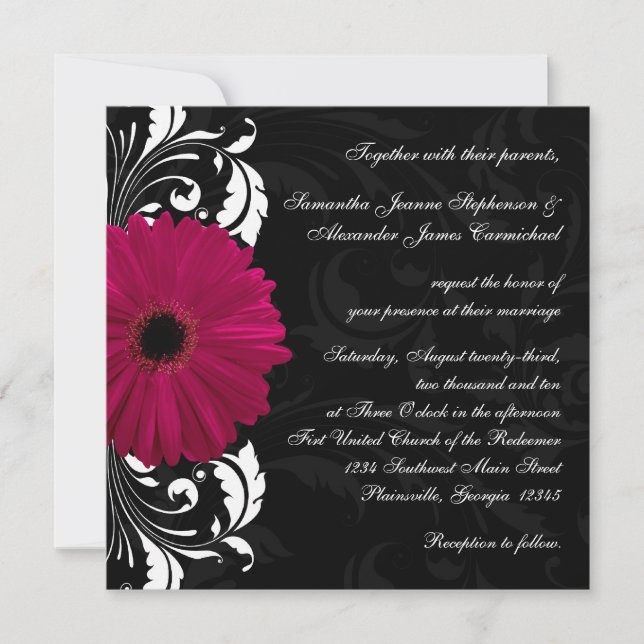 Fuchsia Scroll Gerbera Daisy w/Black and White Invitation (Front)