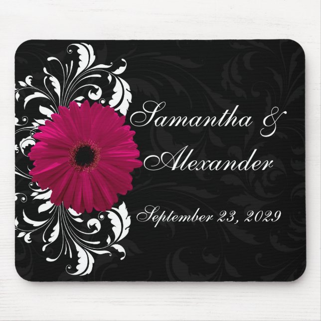 Fuchsia Scroll Gerbera Daisy w/Black and White Mouse Pad (Front)