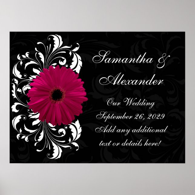 Fuchsia Scroll Gerbera Daisy w/Black and White Poster (Front)