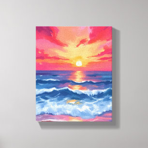 Fuchsia Shore Sunset   Ocean Waves Watercolor Canvas Print