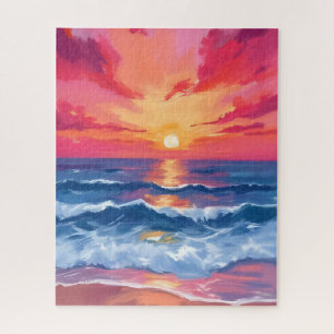 Fuchsia Shore Sunset Ocean Waves Watercolor Jigsaw Puzzle
