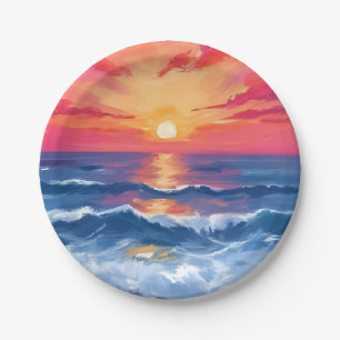 Fuchsia Shore Sunset   Ocean Waves Watercolor Paper Plate