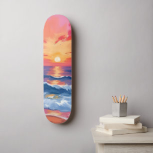 Fuchsia Shore Sunset   Ocean Waves Watercolor Skateboard