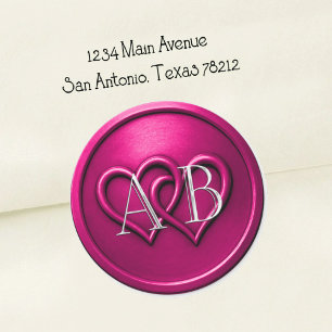 Fuchsia Two Hearts Intertwined Monogram Wedding Classic Round Sticker