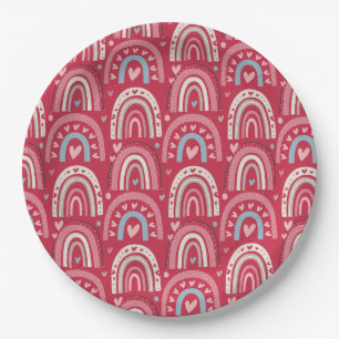 Fuchsia Valentines Day Rainbows Round Paper Plate