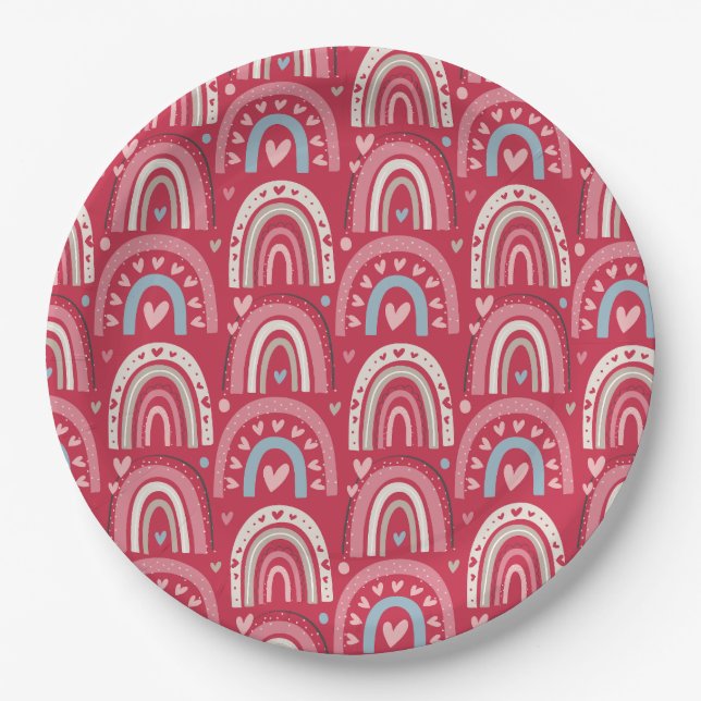 Fuchsia Valentines Day Rainbows Round     Paper Plate (Front)