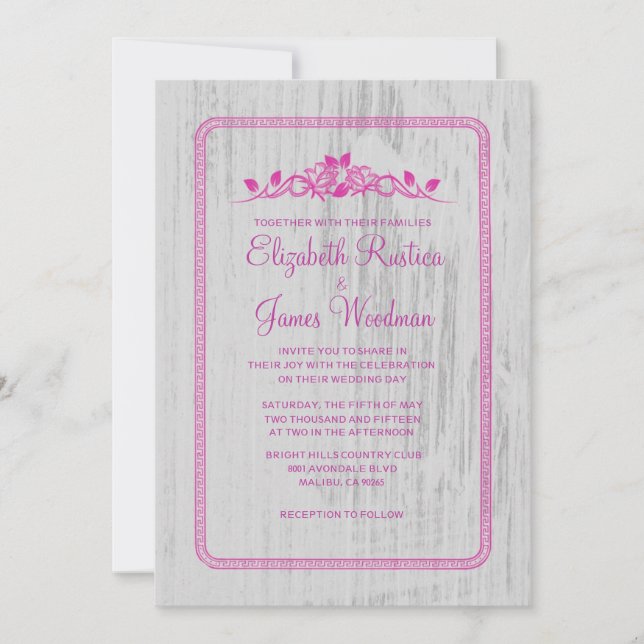 Fuchsia Vintage Barn Wood Wedding Invitations (Front)