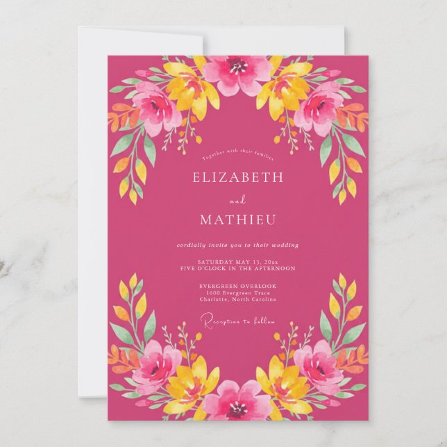 Fuchsia Vivid Tropical Wedding Invitation (Front)