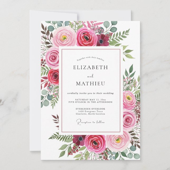 Fuchsia Vivid Watercolor Wedding Invitation (Front)