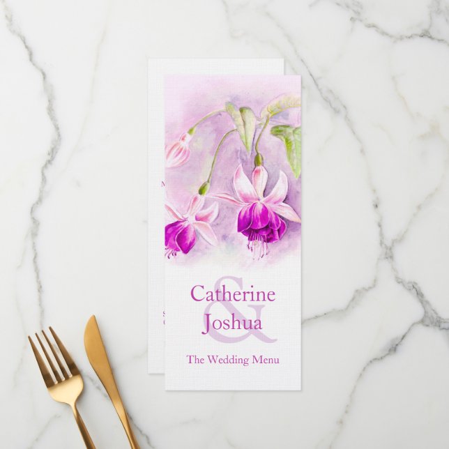 Fuchsia watercolor art purple pink wedding menu (Front/Back In Situ)