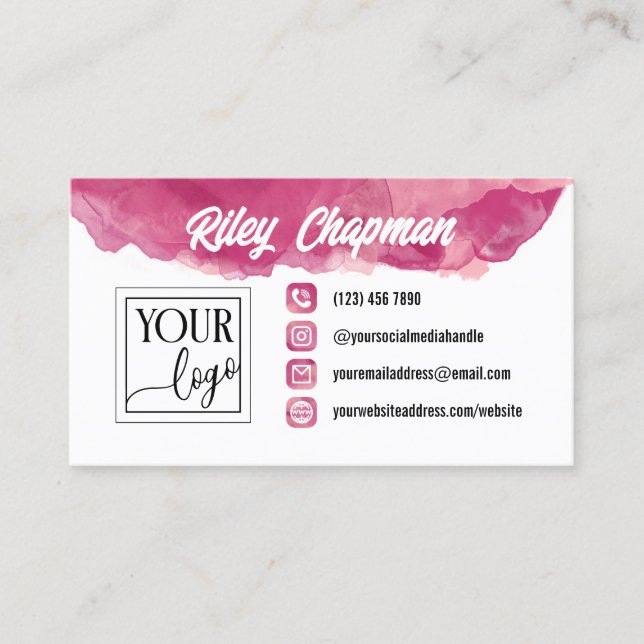 Fuchsia Watercolor Icons Add Logo & Photo Business Card (Front)