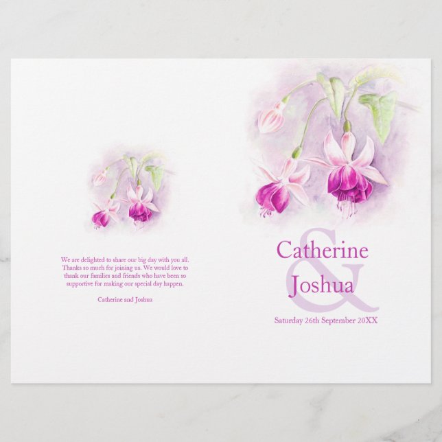 Fuchsia watercolor purple pink Wedding program (Front)