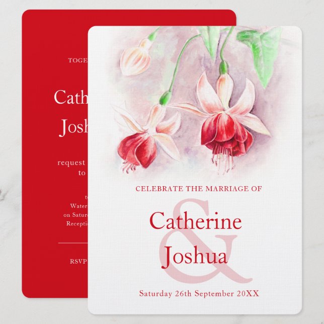 Fuchsia watercolor red pink art wedding invitation (Front/Back)
