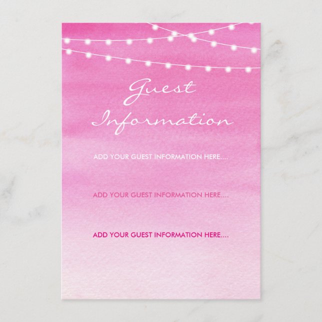 Fuchsia Watercolor String Lights Guest Information Enclosure Card (Front)