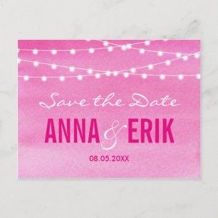Fuchsia Watercolor String Lights Save The Date Announcement Postcard