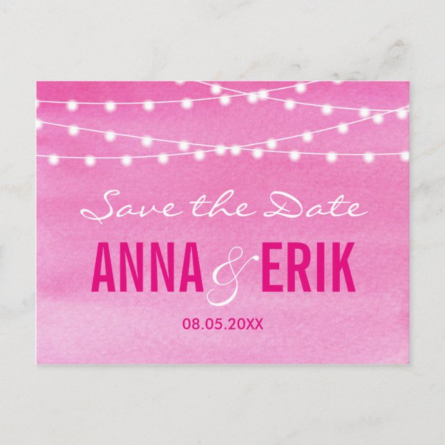 Fuchsia Watercolor String Lights Save The Date Announcement Postcard (Front)