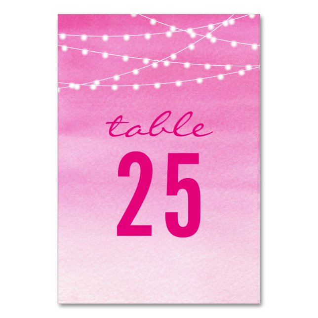 Fuchsia Watercolor String Lights Table Number (Front)