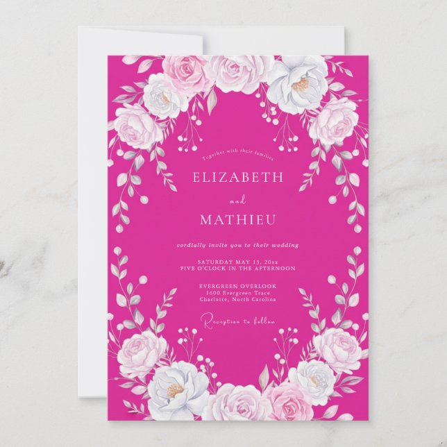 Fuchsia White Floral Wedding Invitation (Front)