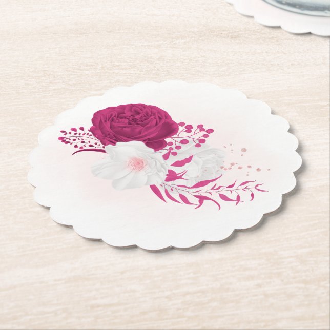 fuchsia & white floral wedding paper coaster (Angled)