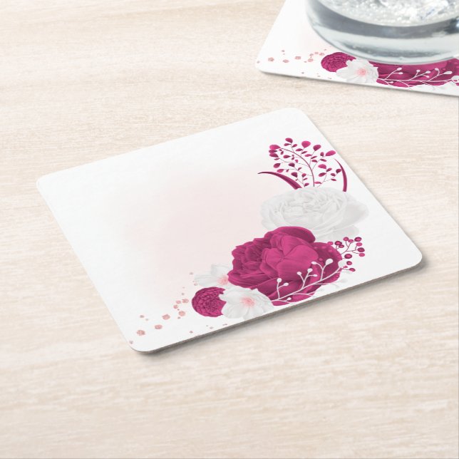 fuchsia & white floral wedding square paper coaster (Angled)