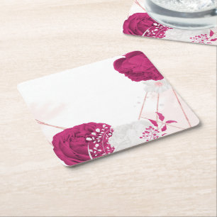 fuchsia & white floral wedding square paper coaster