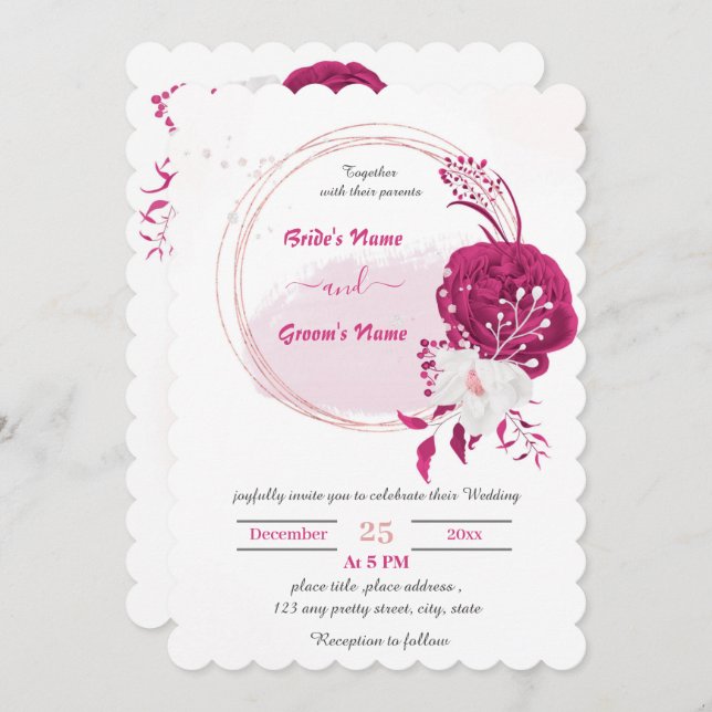 fuchsia & white floral wreath wedding invitation (Front/Back)