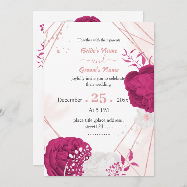 fuchsia white flowers  geometric wedding invitation (Front/Back)