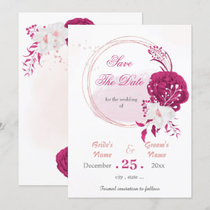 fuchsia & white flowers wreath save the date invitation