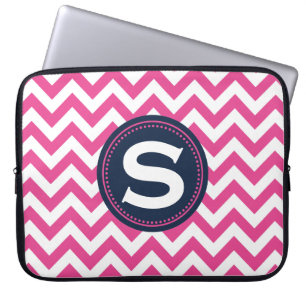 Fuchsia White Monogram Chevron Pattern Laptop Sleeve