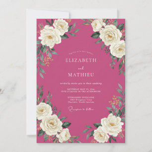 Fuchsia White Rose Wedding Invitation