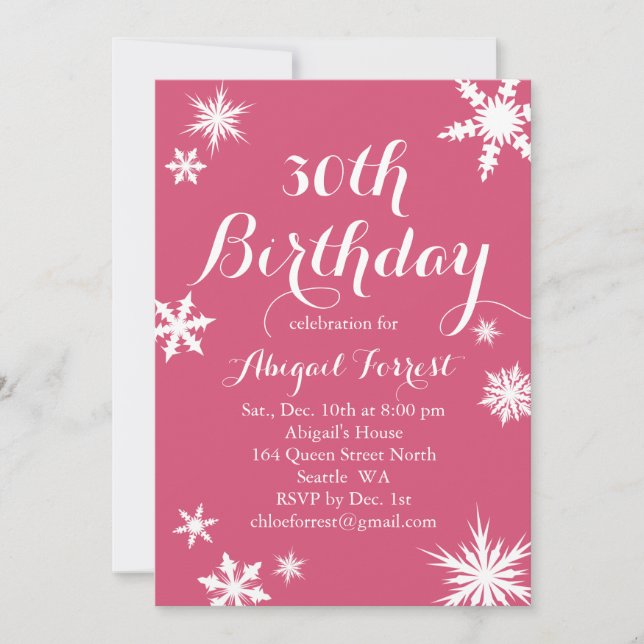 Fuchsia Winter 30th Birthday Invitation (Front)