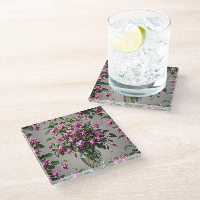 Fuchsias flowers in vase  glass coaster (Angled)