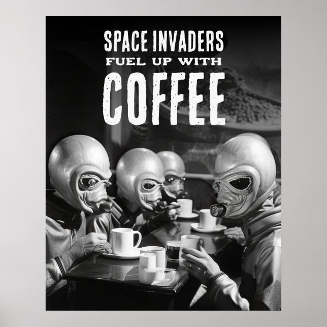 Fuel Up with Coffee Space Invaders Vintage Photo Poster (Front)