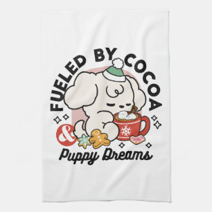 Fueled by Cocoa and Puppy Dreams – Cute Winter Dog Tea Towel