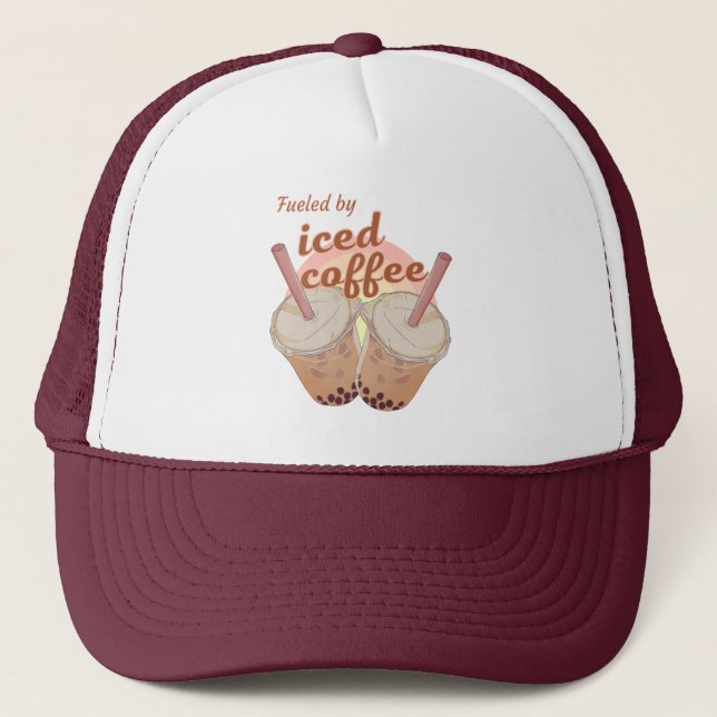 fueled by iced coffee. iced coffee lovers gift trucker hat (Front)