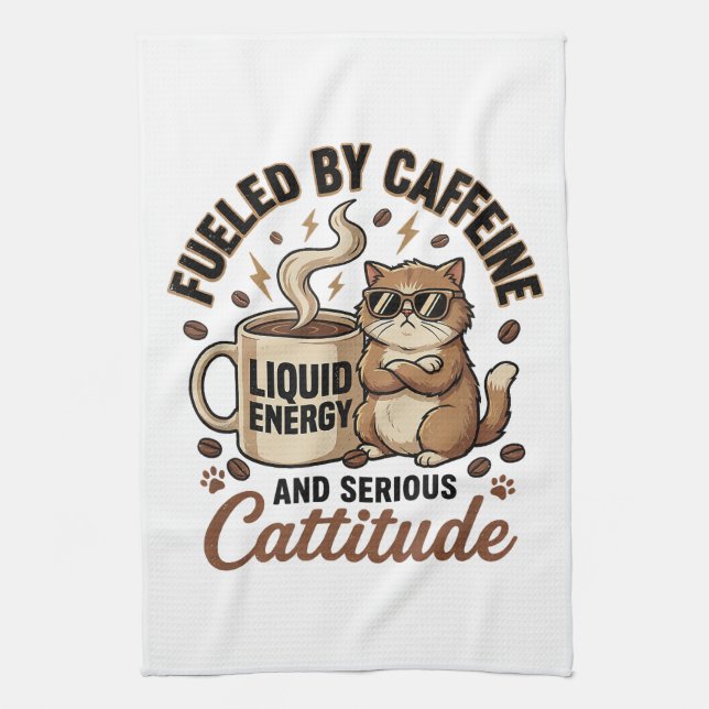Fuelled by Caffeine and Serious Cattitude Funny Ca Tea Towel (Vertical)