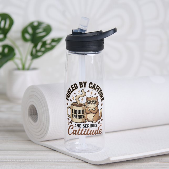 Fuelled by Caffeine and Serious Cattitude Funny Ca Water Bottle (Yoga (Rotated))