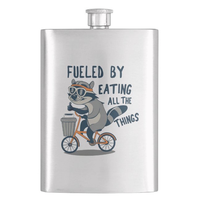 Fuelled By Eating All The Things Racoon Cycling Hip Flask (Front)