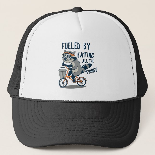 Fuelled By Eating All The Things Racoon Cycling Trucker Hat (Front)