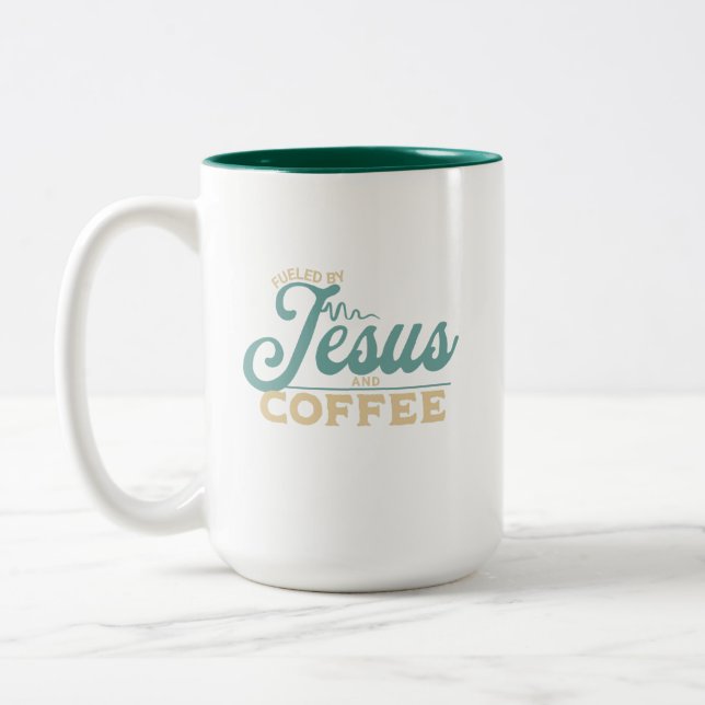 Fuelled by Jesus and Coffee Christian Design Two-Tone Coffee Mug (Left)