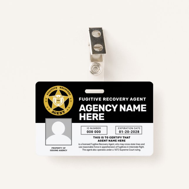 FUGITIVE RECOVERY AGENT BADGE  ID BADGE (Front with Clip)