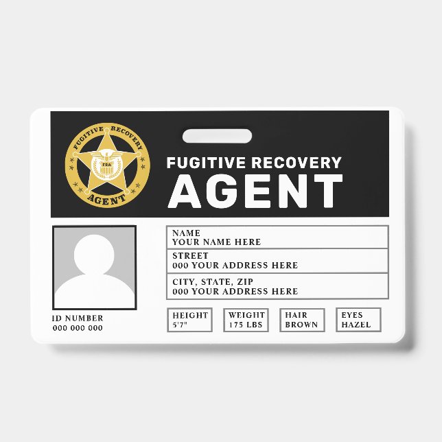 FUGITIVE RECOVERY AGENT BADGE ID BADGE (Front)