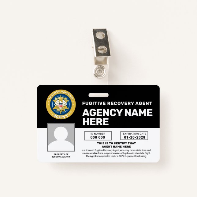 FUGITIVE RECOVERY AGENT BADGE  ID BADGE (Front with Clip)