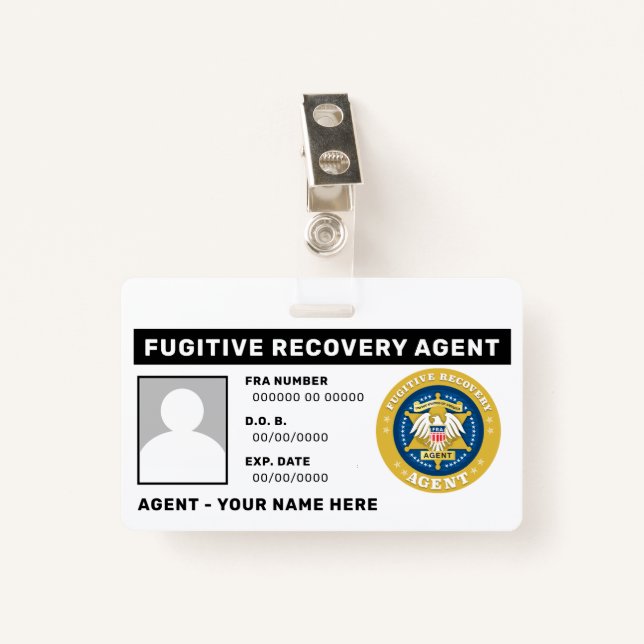 FUGITIVE RECOVERY AGENT Badge ID Badge (Front with Clip)